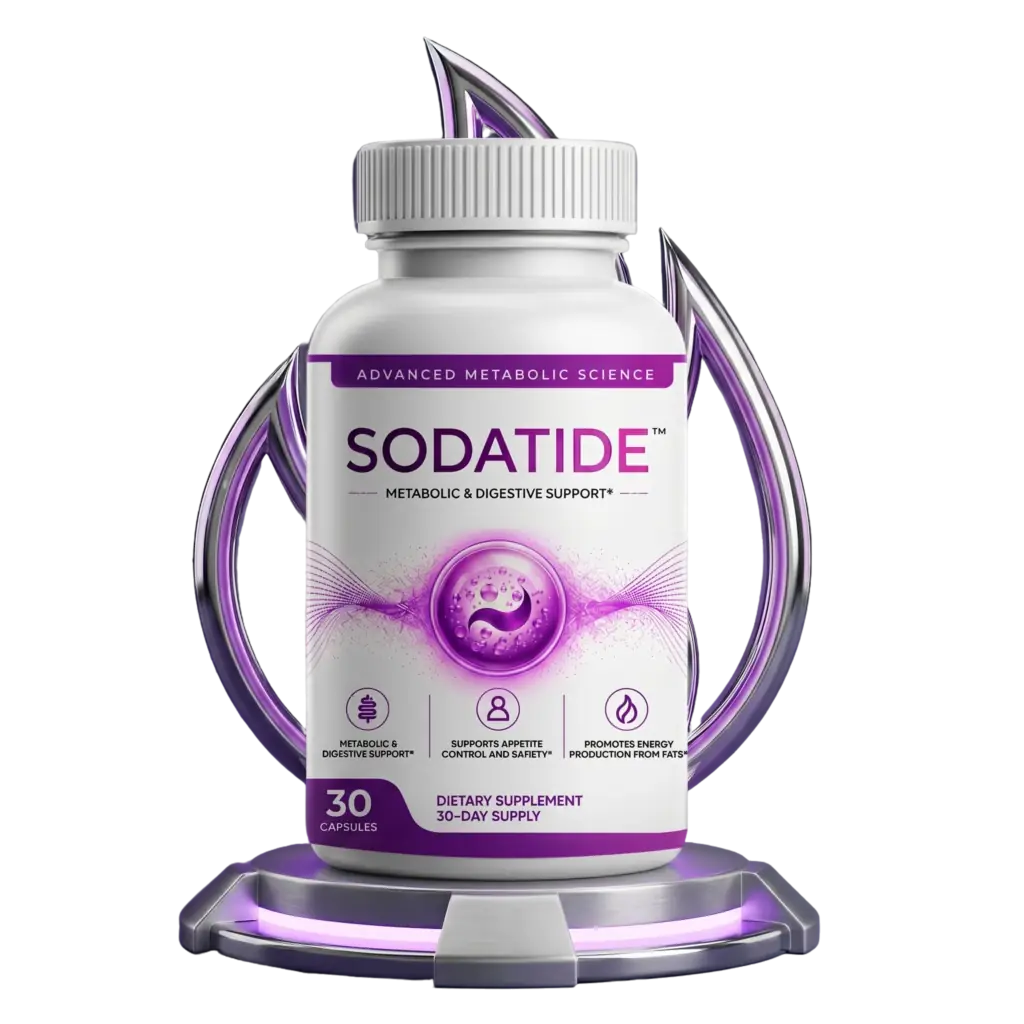 A bottle of SodaTide synbiotic capsules, 30 vegetarian capsules per bottle