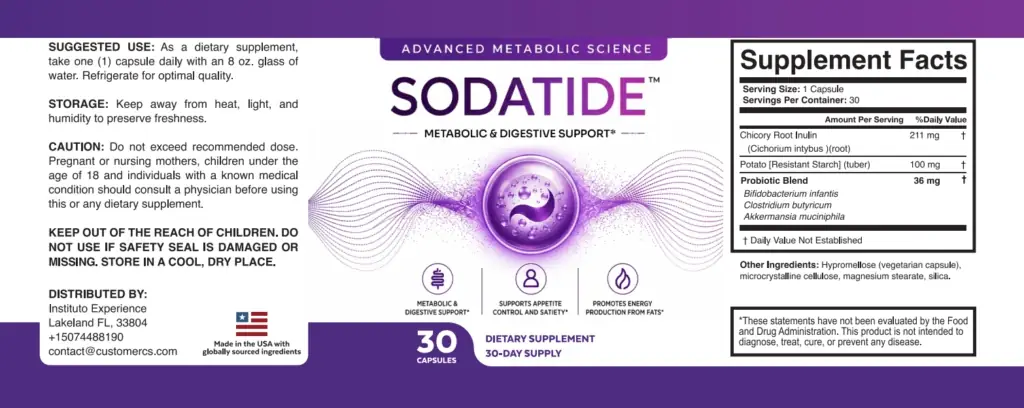 The SodaTide product label showing suggested use, storage instructions and the full Supplement Facts panel